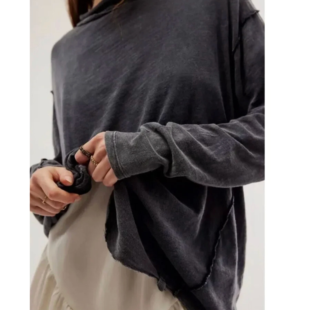 NEW Free People We the Free Regan Long Sleeve Tee Shirt L Washed Black - Picture 3 of 5